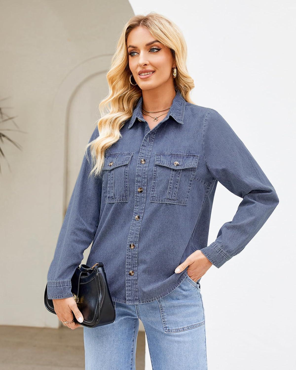 imageGRAPENT Denim Button Down Shirts for Women Long Sleeve Western Top Casual Cotton Relaxed Fit Jean Shirt Jacket ShacketOffshore Blue