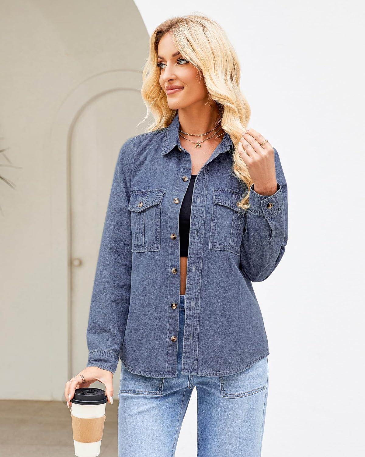 imageGRAPENT Denim Button Down Shirts for Women Long Sleeve Western Top Casual Cotton Relaxed Fit Jean Shirt Jacket ShacketOffshore Blue