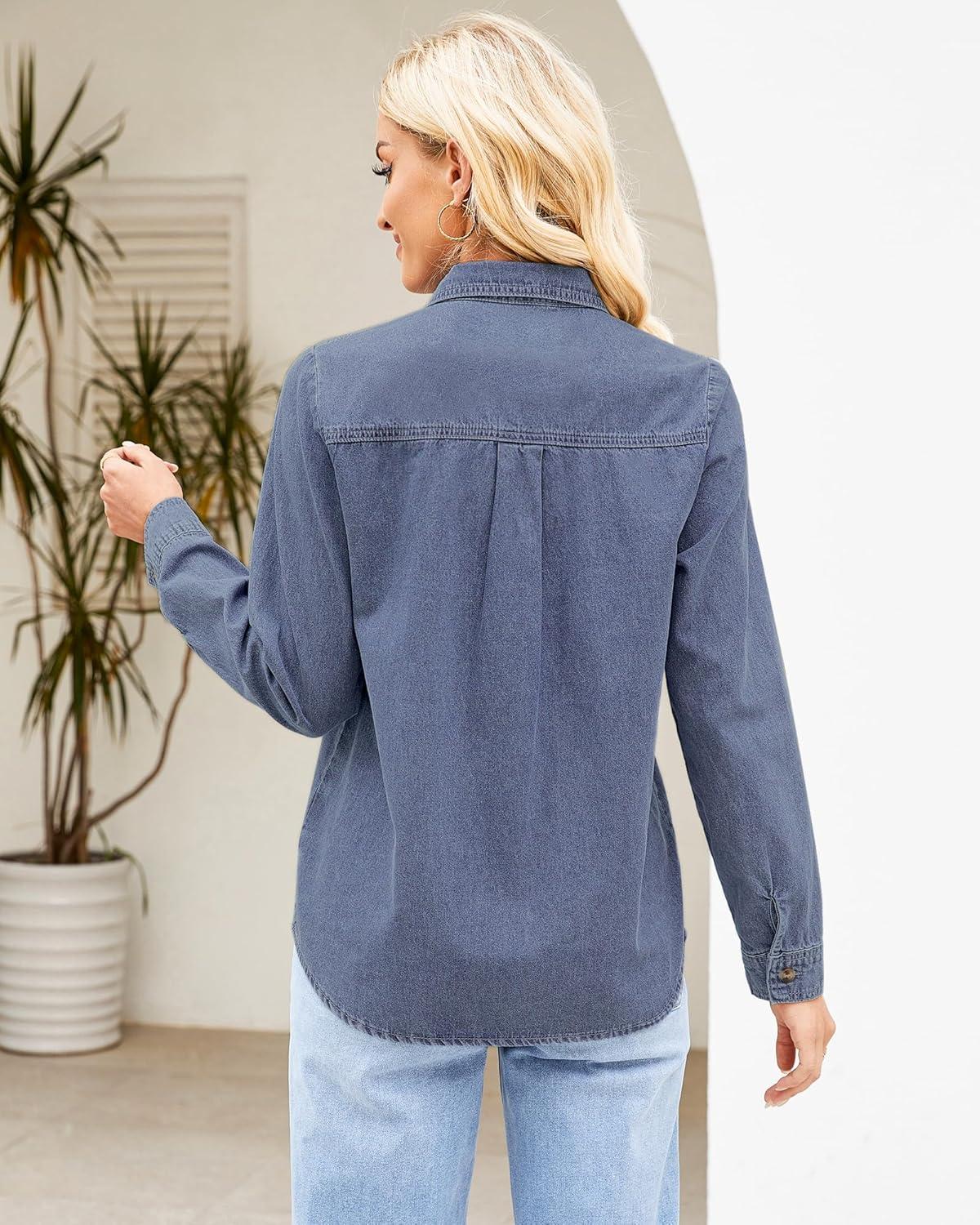 imageGRAPENT Denim Button Down Shirts for Women Long Sleeve Western Top Casual Cotton Relaxed Fit Jean Shirt Jacket ShacketOffshore Blue