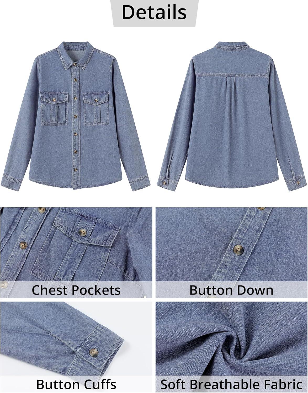 imageGRAPENT Denim Button Down Shirts for Women Long Sleeve Western Top Casual Cotton Relaxed Fit Jean Shirt Jacket ShacketOffshore Blue