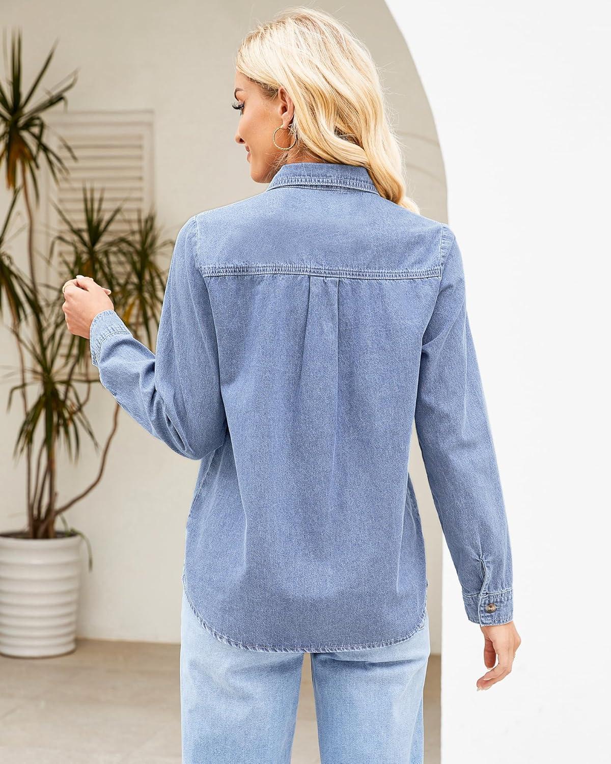 imageGRAPENT Denim Button Down Shirts for Women Long Sleeve Western Top Casual Cotton Relaxed Fit Jean Shirt Jacket ShacketSoft Sky Blue