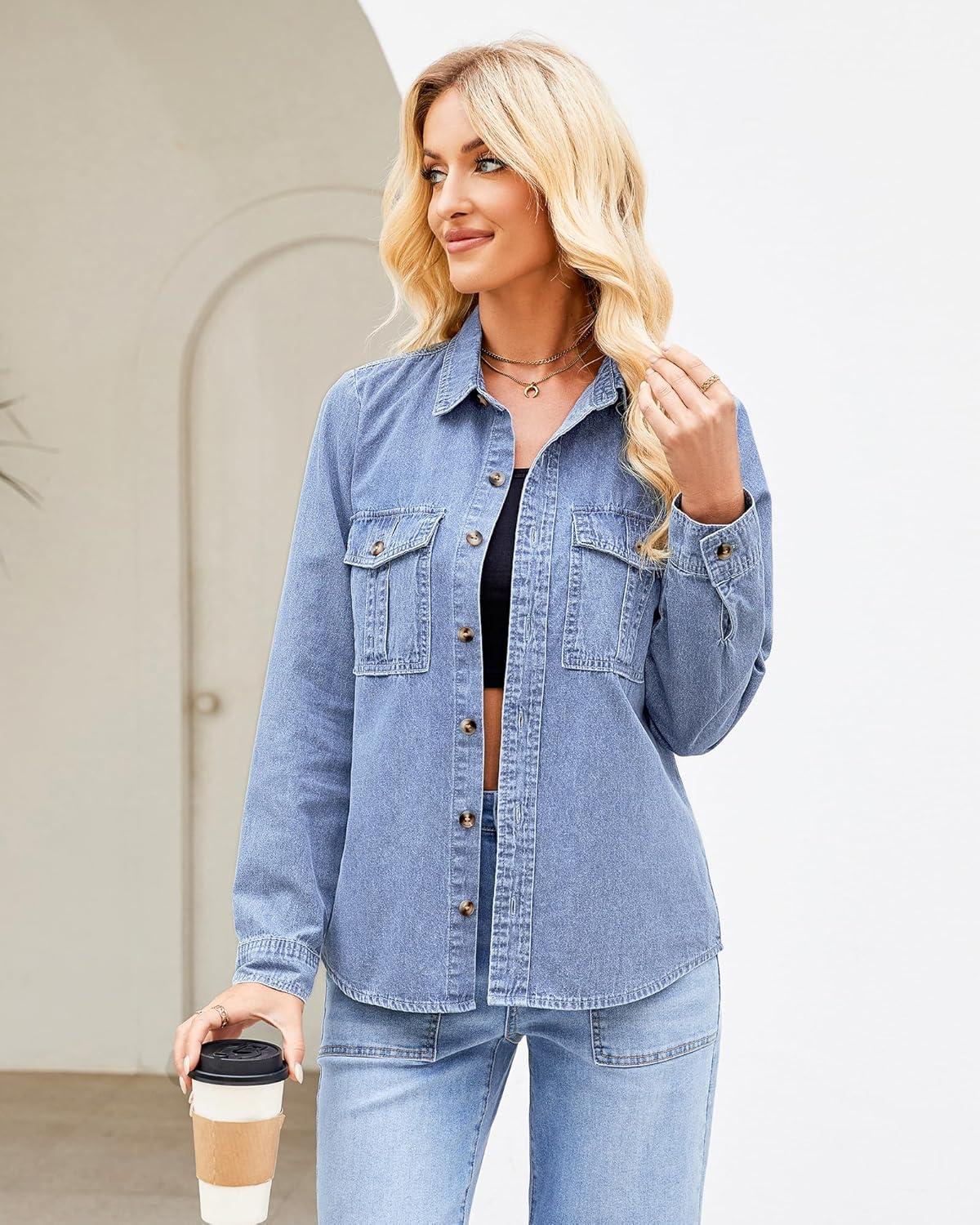 imageGRAPENT Denim Button Down Shirts for Women Long Sleeve Western Top Casual Cotton Relaxed Fit Jean Shirt Jacket ShacketSoft Sky Blue