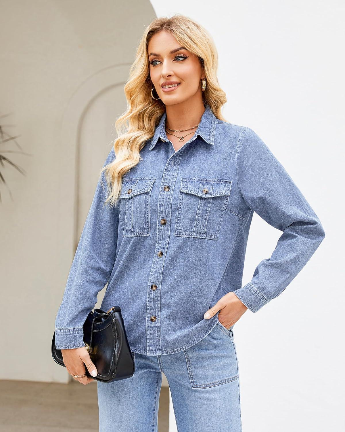 imageGRAPENT Denim Button Down Shirts for Women Long Sleeve Western Top Casual Cotton Relaxed Fit Jean Shirt Jacket ShacketSoft Sky Blue