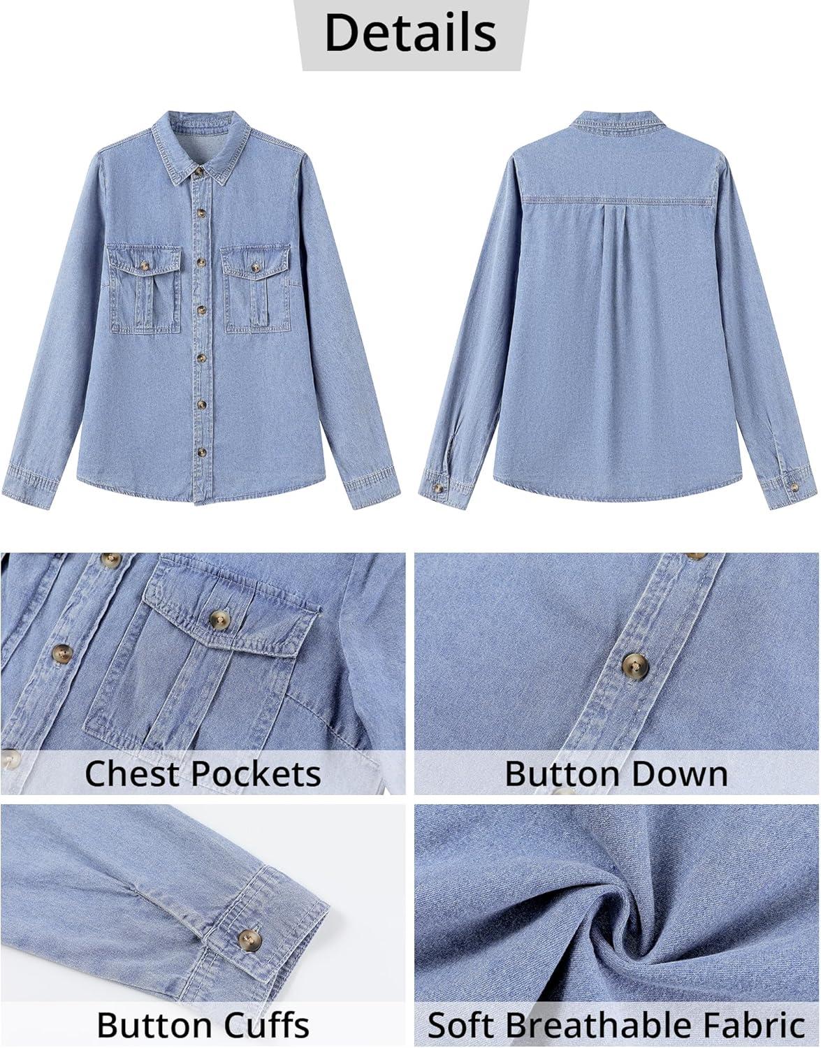 imageGRAPENT Denim Button Down Shirts for Women Long Sleeve Western Top Casual Cotton Relaxed Fit Jean Shirt Jacket ShacketSoft Sky Blue