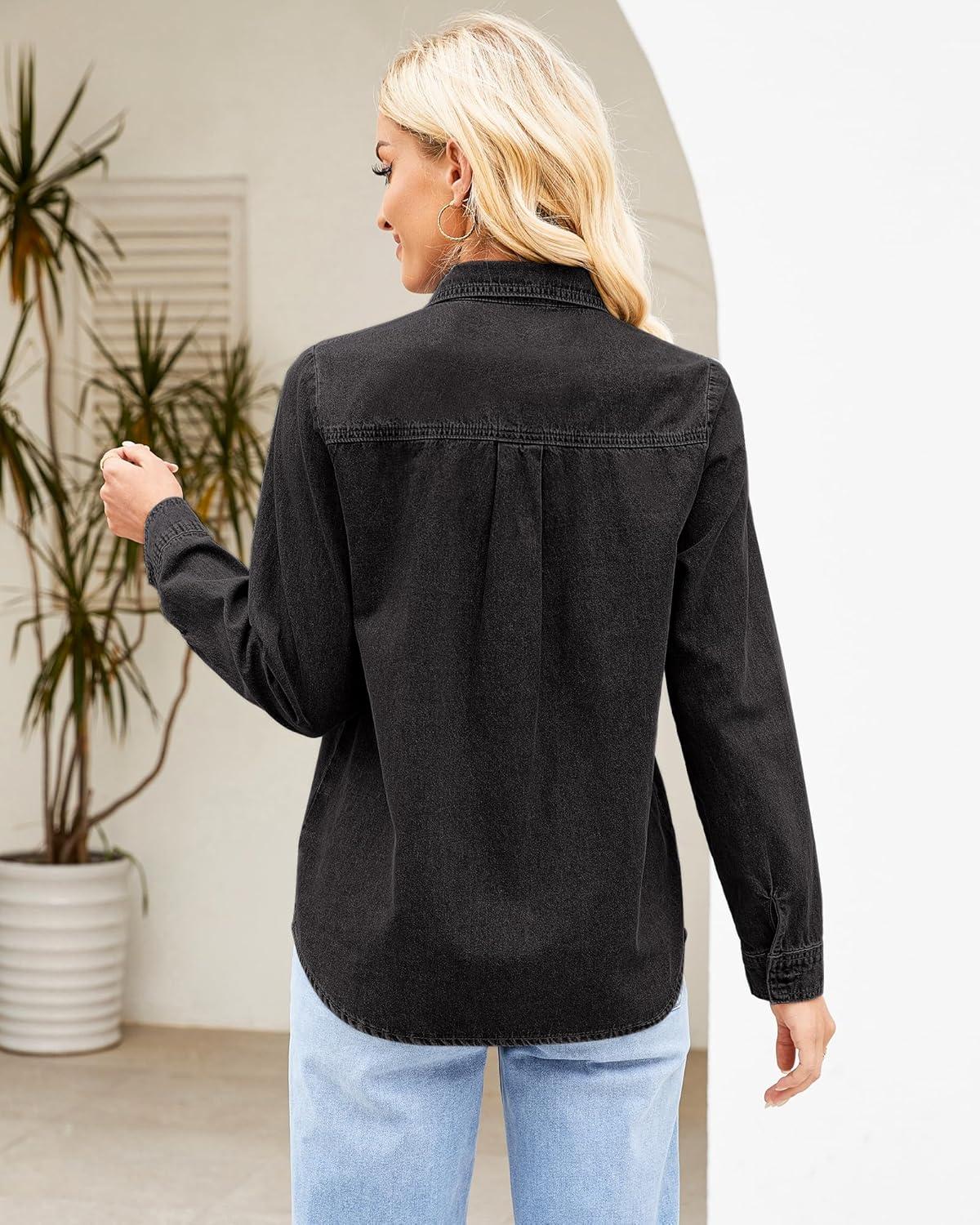 imageGRAPENT Denim Button Down Shirts for Women Long Sleeve Western Top Casual Cotton Relaxed Fit Jean Shirt Jacket ShacketWashed Black