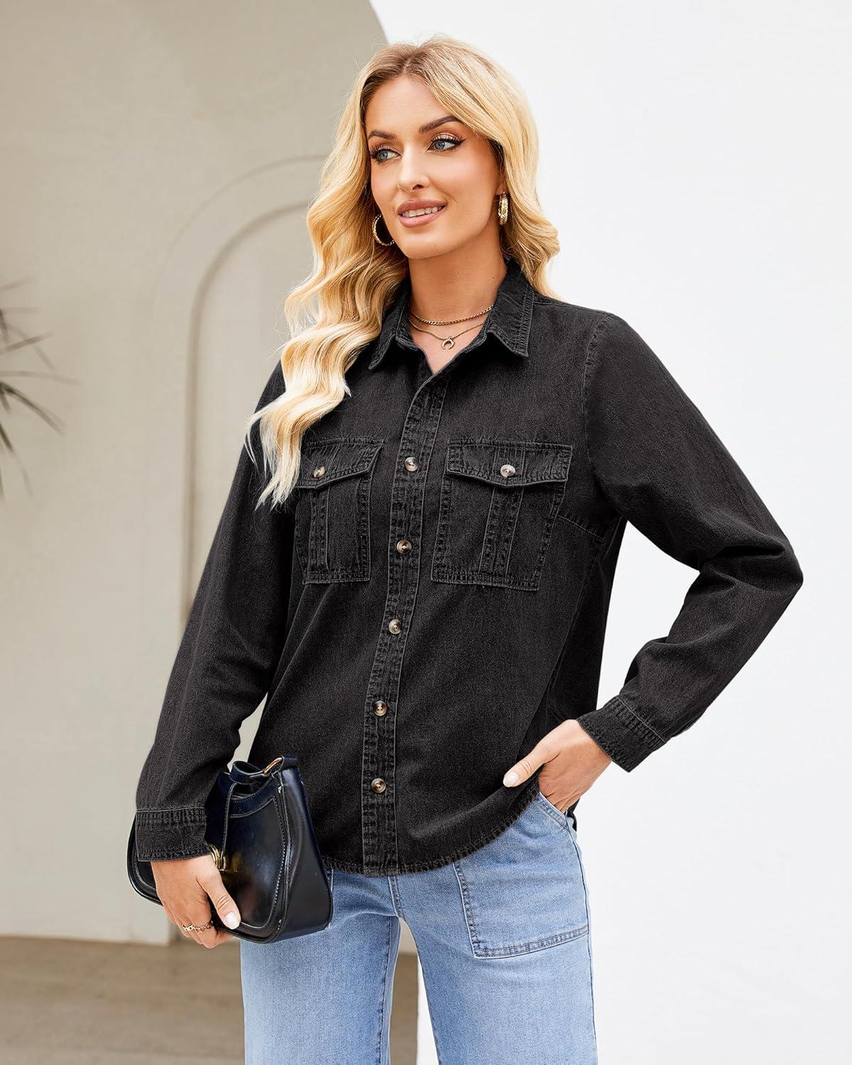 imageGRAPENT Denim Button Down Shirts for Women Long Sleeve Western Top Casual Cotton Relaxed Fit Jean Shirt Jacket ShacketWashed Black