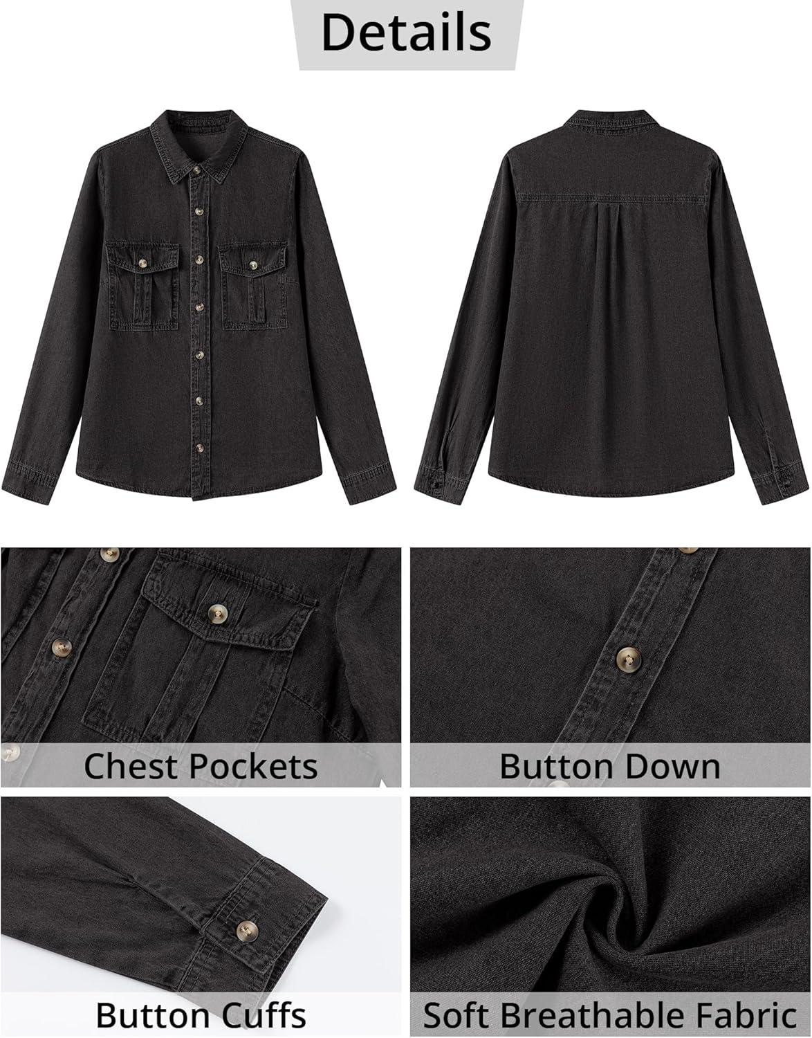 imageGRAPENT Denim Button Down Shirts for Women Long Sleeve Western Top Casual Cotton Relaxed Fit Jean Shirt Jacket ShacketWashed Black
