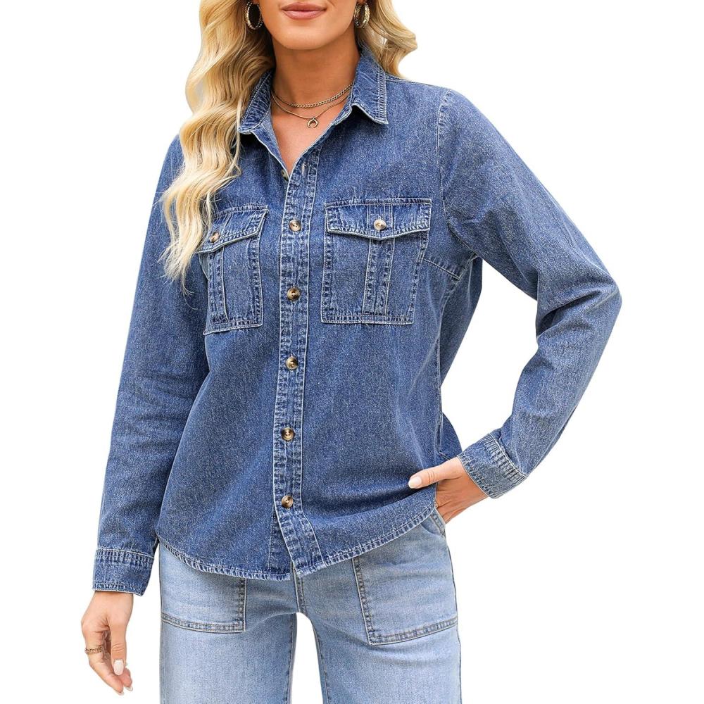 imageGRAPENT Denim Button Down Shirts for Women Long Sleeve Western Top Casual Cotton Relaxed Fit Jean Shirt Jacket ShacketClassic Blue