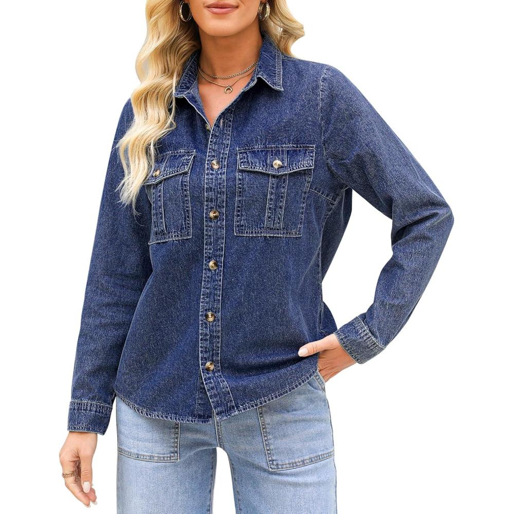 imageGRAPENT Denim Button Down Shirts for Women Long Sleeve Western Top Casual Cotton Relaxed Fit Jean Shirt Jacket ShacketCobalt Blue