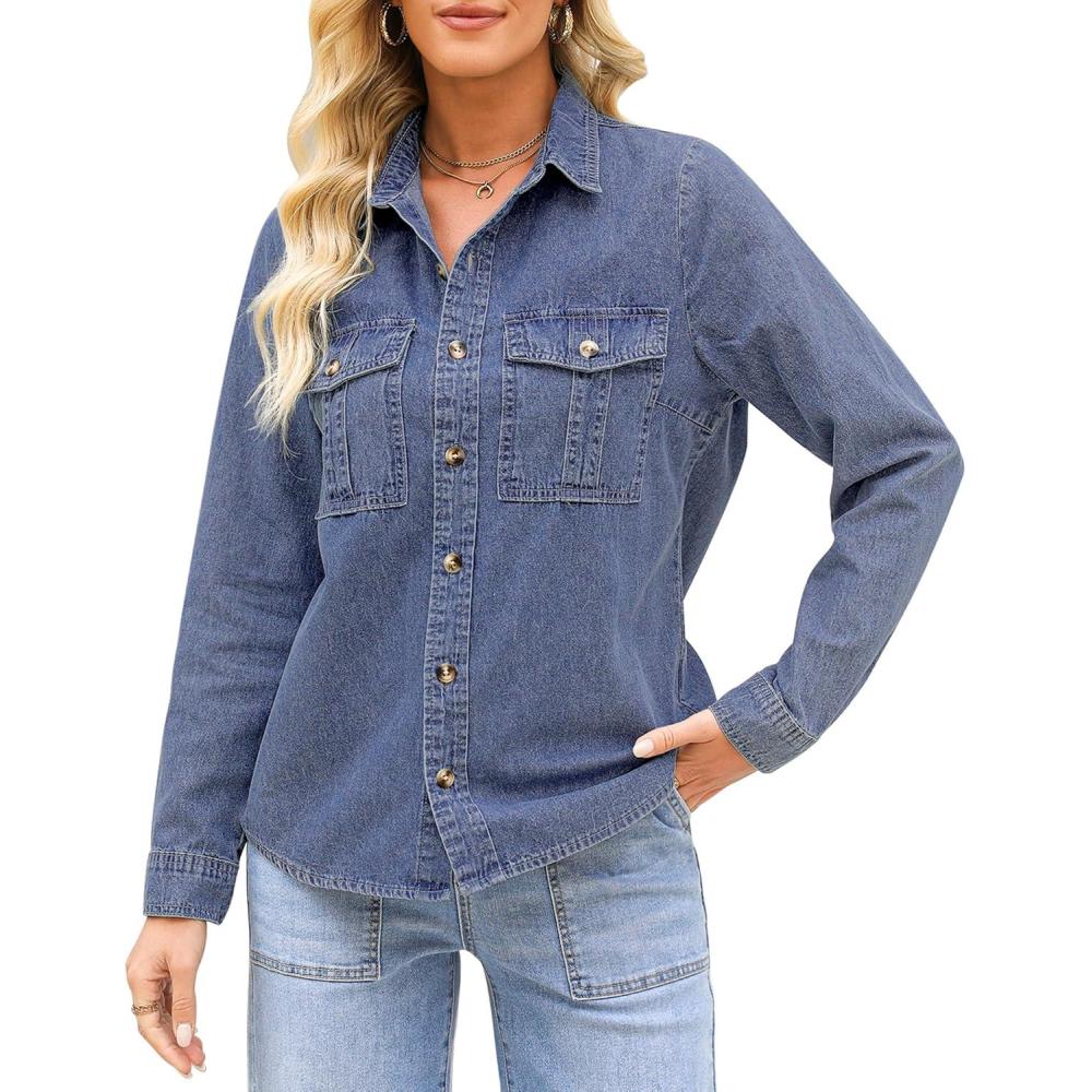 imageGRAPENT Denim Button Down Shirts for Women Long Sleeve Western Top Casual Cotton Relaxed Fit Jean Shirt Jacket ShacketOffshore Blue