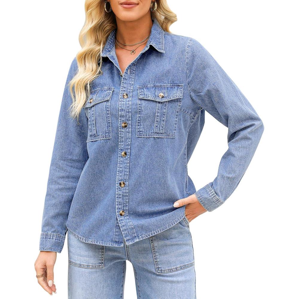 imageGRAPENT Denim Button Down Shirts for Women Long Sleeve Western Top Casual Cotton Relaxed Fit Jean Shirt Jacket ShacketSoft Sky Blue