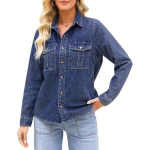 imageGRAPENT Denim Button Down Shirts for Women Long Sleeve Western Top Casual Cotton Relaxed Fit Jean Shirt Jacket ShacketCobalt Blue