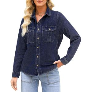 imageGRAPENT Denim Button Down Shirts for Women Long Sleeve Western Top Casual Cotton Relaxed Fit Jean Shirt Jacket ShacketDarkness Blue