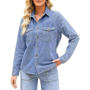 imageGRAPENT Denim Button Down Shirts for Women Long Sleeve Western Top Casual Cotton Relaxed Fit Jean Shirt Jacket ShacketSoft Sky Blue