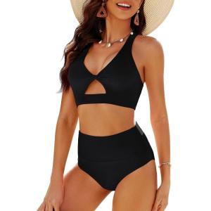 imageGRAPENT Bikini Sets for Women High Waisted Bathing Suits Cut Out 2 Pieces Swimsuits Beach Outfit Twist Swimming WearBlack