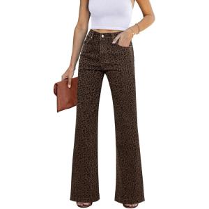 imageGRAPENT Womens Flare Jeans High Waisted Wide Leg Baggy Jean for Women Stretch Denim PantsLeopard