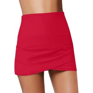 imageGRAPENT Womens High Waist Tulip Hem Shirring Swim Skirt Swimsuit Bikini BottomTrue Red