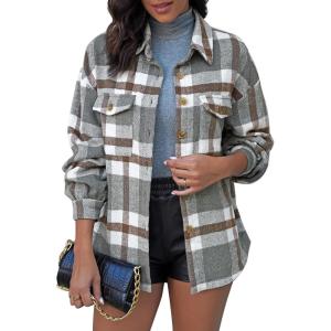 imageGRAPENT Womens Shacket Jacket Oversized Plaid Flannel Button Down Shirt Jackets Long Sleeve CoatsGrey  Brown Plaid