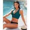 imageGRAPENT Bikini Tops for Women Cropped Tankini Tops Beach Padded Knot Twist Cut Out Adjustable Tank Swimwear Top OnlyDark Lake Green