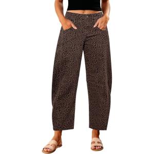 imageGRAPENT Barrel Jeans for Women Trendy High Waisted Wide Leg Baggy Cropped Relax Fit Stretch Denim Trouser Ankle PantsLeopard