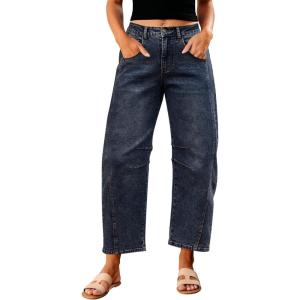 imageGRAPENT Barrel Jeans for Women Trendy High Waisted Wide Leg Baggy Cropped Relax Fit Stretch Denim Trouser Ankle PantsVintage Dark Blue
