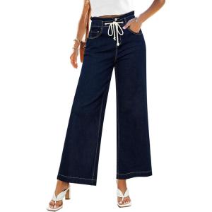 imageGRAPENT Wide Leg Jeans for Women Stretch High Wasited Elastic Waist Bell Bottom Baggy Y2K PantsRinse Blue
