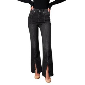 imageGRAPENT Womens Flare Jeans High Waisted Wide Leg Baggy Jean for Women Split Hem Stretch Denim PantsProper Black