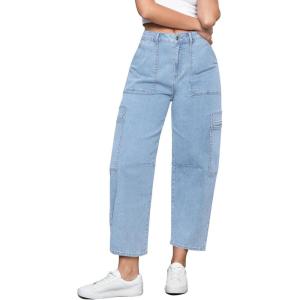 imageGRAPENT Barrel Jeans for Women Trendy High Waisted Cropped Cargo Pocket Baggy Stretch Denim Pants Wide Leg Tapered JeansCool Blue