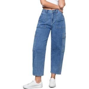 imageGRAPENT Barrel Jeans for Women Trendy High Waisted Cropped Cargo Pocket Baggy Stretch Denim Pants Wide Leg Tapered JeansFresh Blue