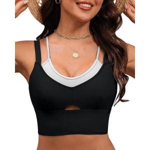 imageGRAPENT Bikini Tops for Women Cropped Tankini Tops Beach Padded Color Block Cutout Adjustable Bathing Suit Swim Top OnlyBlack