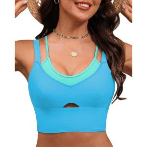 imageGRAPENT Bikini Tops for Women Cropped Tankini Tops Beach Padded Color Block Cutout Adjustable Bathing Suit Swim Top OnlyCyan Blue
