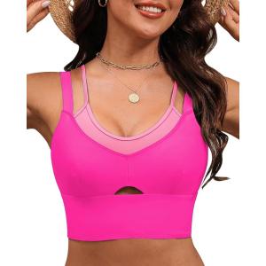 imageGRAPENT Bikini Tops for Women Cropped Tankini Tops Beach Padded Color Block Cutout Adjustable Bathing Suit Swim Top OnlyPink Block
