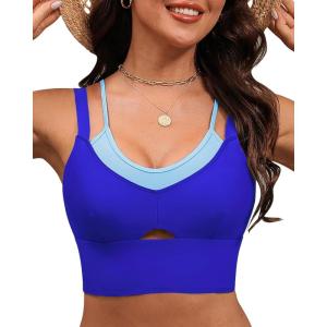 imageGRAPENT Bikini Tops for Women Cropped Tankini Tops Beach Padded Color Block Cutout Adjustable Bathing Suit Swim Top OnlyRoyal Blue