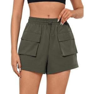 imageGRAPENT Hiking Shorts for Women Trendy High Waisted Pull On Elastic Waist Quick Dry Beach Athletic Cargo Pocket ShortsArmy Green