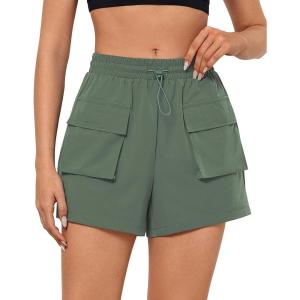 imageGRAPENT Hiking Shorts for Women Trendy High Waisted Pull On Elastic Waist Quick Dry Beach Athletic Cargo Pocket ShortsDark Ivy Green