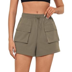 imageGRAPENT Hiking Shorts for Women Trendy High Waisted Pull On Elastic Waist Quick Dry Beach Athletic Cargo Pocket ShortsKhaki