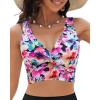 imageGRAPENT Bikini Tops for Women Cropped Tankini Tops Floral Printed Beach Padded Knot Twist Cut Out Bathing Suit Top OnlyBlack Floral