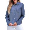 imageGRAPENT Denim Button Down Shirts for Women Long Sleeve Lightweight Western Relaxed Single Pocket Jean Shirt Shacket TopIndigo Classic Blue