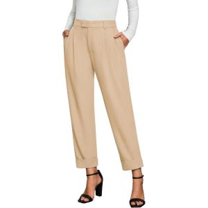 imageGRAPENT Cropped Pants for Women High Waisted Business Causal Pleated Elastic Waist Cuffed Hem Work Trousers Fall Dress Pants