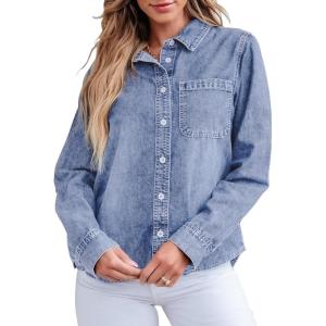 imageGRAPENT Denim Button Down Shirts for Women Long Sleeve Lightweight Western Relaxed Single Pocket Jean Shirt Shacket TopBay Blue