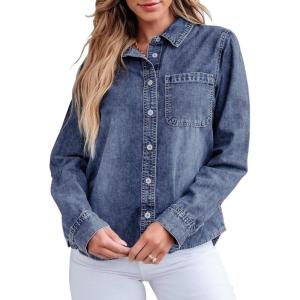 imageGRAPENT Denim Button Down Shirts for Women Long Sleeve Lightweight Western Relaxed Single Pocket Jean Shirt Shacket TopReef Blue