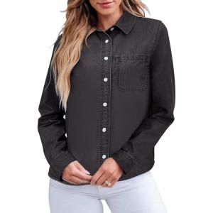 imageGRAPENT Denim Button Down Shirts for Women Long Sleeve Lightweight Western Relaxed Single Pocket Jean Shirt Shacket TopVintage Black