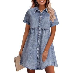 imageGRAPENT Denim Dress for Women Babydoll Tiered Short Sleeve Button Down Jean Shirt DressesBay Blue