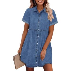imageGRAPENT Denim Dress for Women Babydoll Tiered Short Sleeve Button Down Jean Shirt DressesMedium Blue