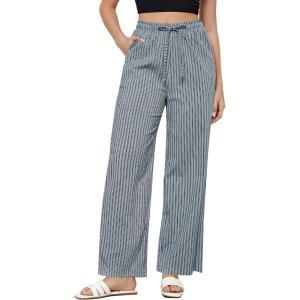 imageGRAPENT Striped Pants for Women High Waisted Wide Leg Cotton Linen Trendy Beach Pull On Elastic Waist Casual Flowy PantsLight Blue Stripestripe