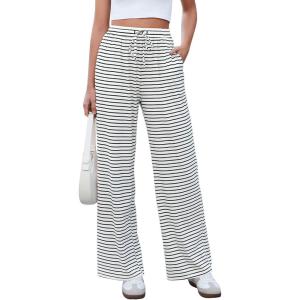 imageGRAPENT Striped Wide Leg Pants Woman High Waisted Pull On Elastic Waist Casual Lounge Comfy Loose Fit Pants with PocketsBlack Stripe