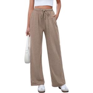 imageGRAPENT Striped Wide Leg Pants Woman High Waisted Pull On Elastic Waist Casual Lounge Comfy Loose Fit Pants with PocketsBrown  Rose Stripe