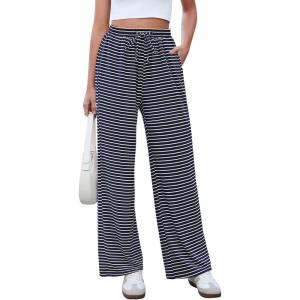 imageGRAPENT Striped Wide Leg Pants Woman High Waisted Pull On Elastic Waist Casual Lounge Comfy Loose Fit Pants with PocketsNavy Stripe