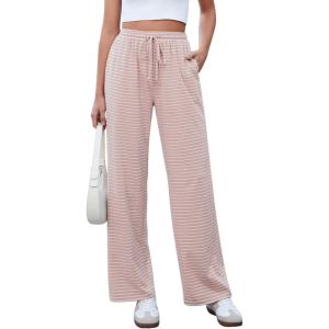 imageGRAPENT Striped Wide Leg Pants Woman High Waisted Pull On Elastic Waist Casual Lounge Comfy Loose Fit Pants with PocketsRose Stripe