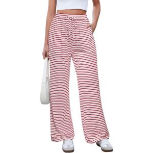 imageGRAPENT Striped Wide Leg Pants Woman High Waisted Pull On Elastic Waist Casual Lounge Comfy Loose Fit Pants with PocketsWhite  Red Stripe